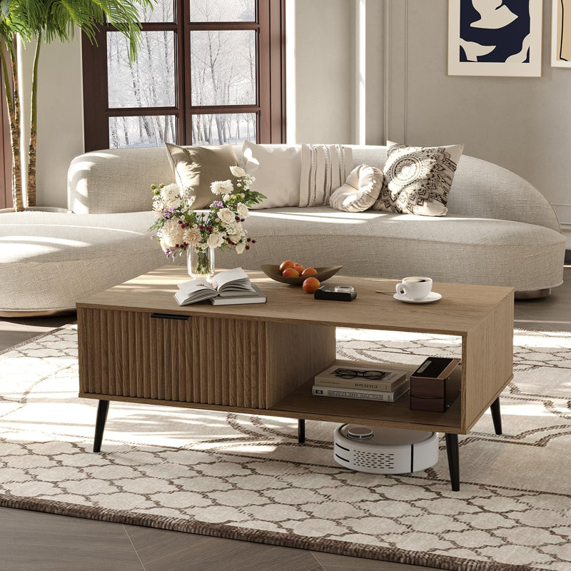 Table basse avec rangement, table basse rectangulaire en bois avec porte coulissante et pieds en bois massif, Bois naturel