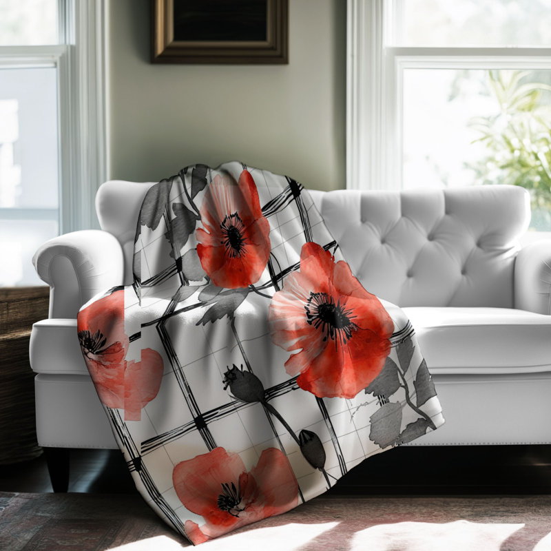 Jeté Ethereal Poppy Blooms - 1 pièce Sherpa Bla Premium, 60 po x 80 po