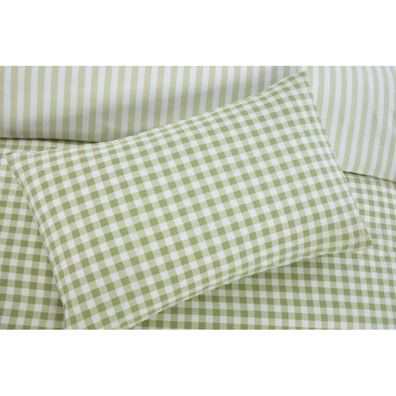 Gingham Cotton Blend Striped Duvet Cover Set with Pillowcases, Single Duvet Cover Set + 1 Pillowcase, Green