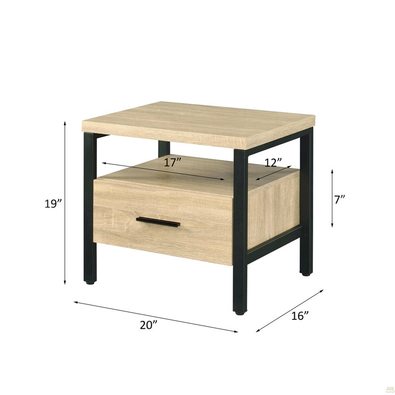 Table de chevet à un tiroir avec tablette à 1 niveau, chêne et noir