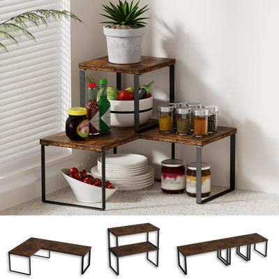 Countertop Shelf, Kitchen Counter Organizer, Adjustable, Stackable | Kitchen Countertop Organizer, Spice Rack, 2-Tier Countertop Shelves, Corner Desk Shelf, Corner Counter Shelf, Rustic Brown