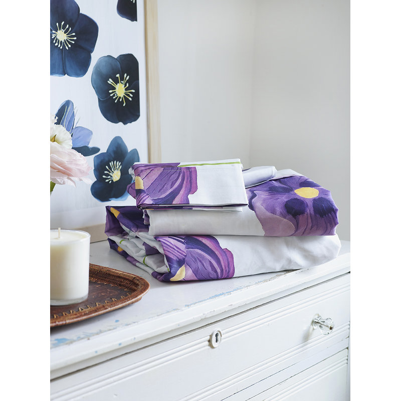 Sateen Floral Fitted Sheet, Queen Fitted Sheet with 2 Pillowcases