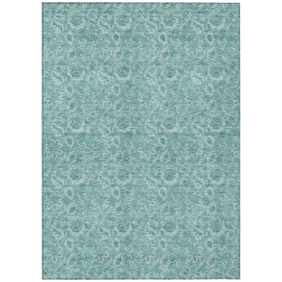 8' X 10' Teal Blue And Aqua Floral Washable Indoor Outdoor Area Rug