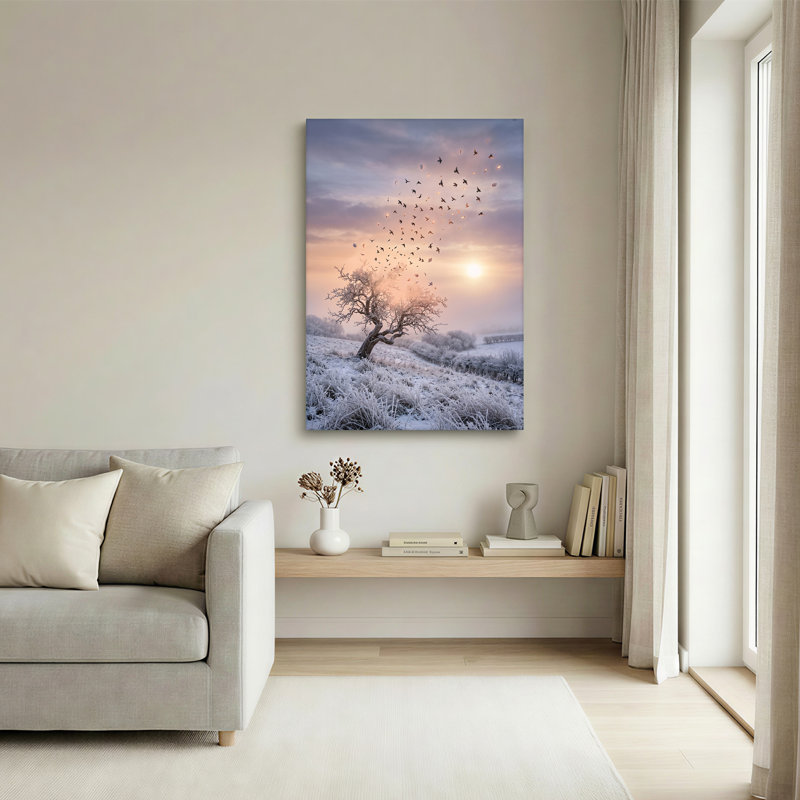 Toile givrée «Winter Tree with Birds Rising Into Sunrise Sky», art mural, 48"H x 32"W