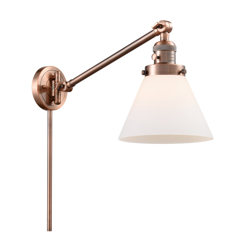 Lampe murale avec bras pivotant 1 lumière Cone, Ampoule incandescente rétro 60 watts, Boîtier blanc mat, Cuivre antique
