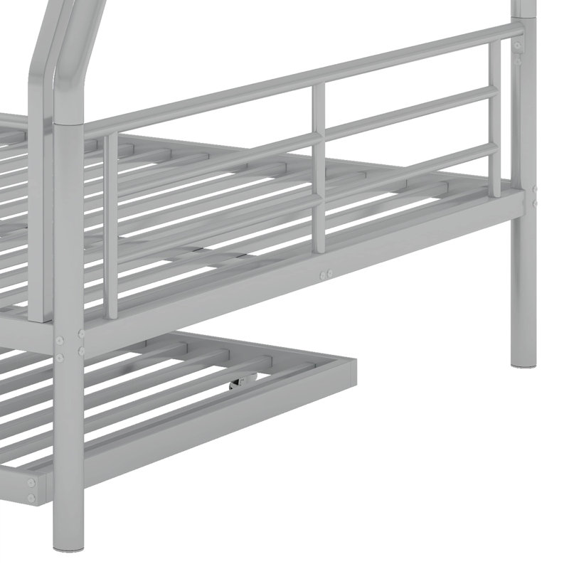 Metal Bunk Bed with Trundle, Silver, Full XL Over Queen