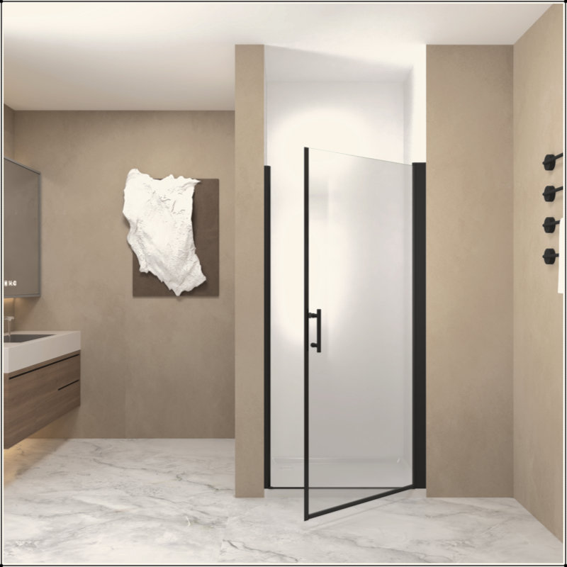 Porte de douche pivotante, cadre en aluminium, demi-cadre, film en verre trempé antidéflagrant de 1/4 po (6 mm), Noir mat