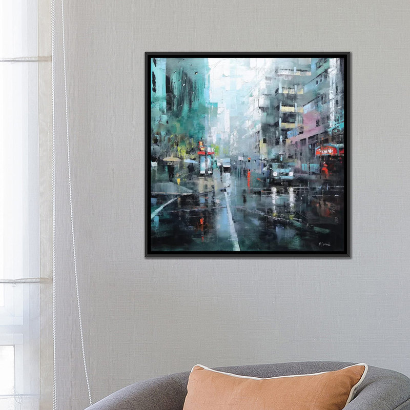 « montréal turquoise pluie », impression sur toile, H 18 po x l 18 po x P 1,5 po, Pas de tapis, Toile avec cadre noir