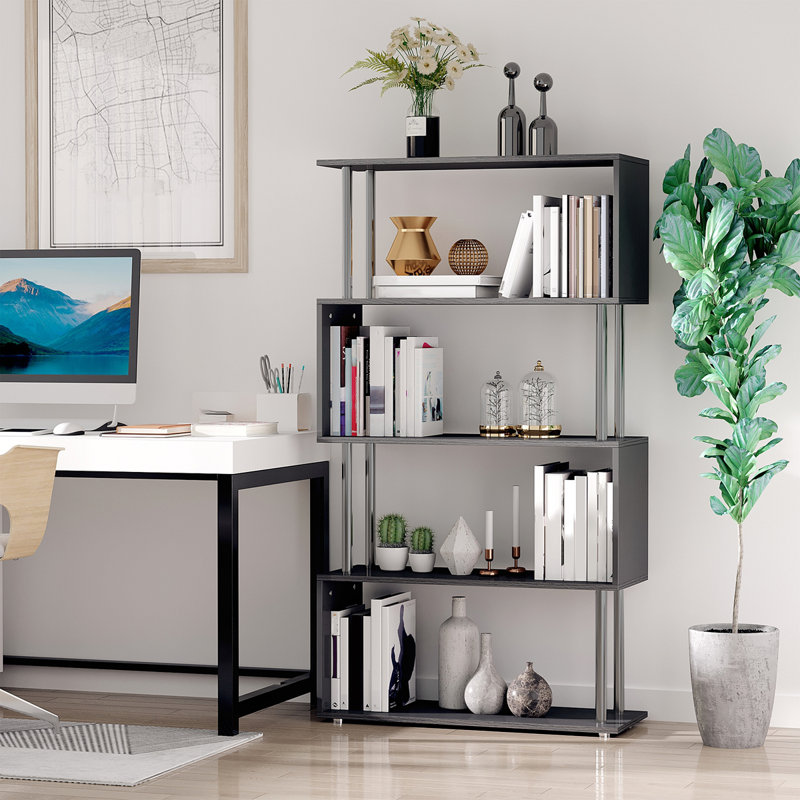 Modern S-Shaped 5 Tier Room Dividing Bookcase Wooden Storage Display Stand Shelf