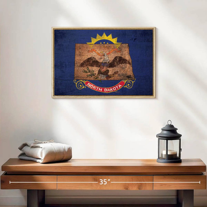 State Map Over North Dakota Flag, Floating Frame Natural Wood, 19" X 13"