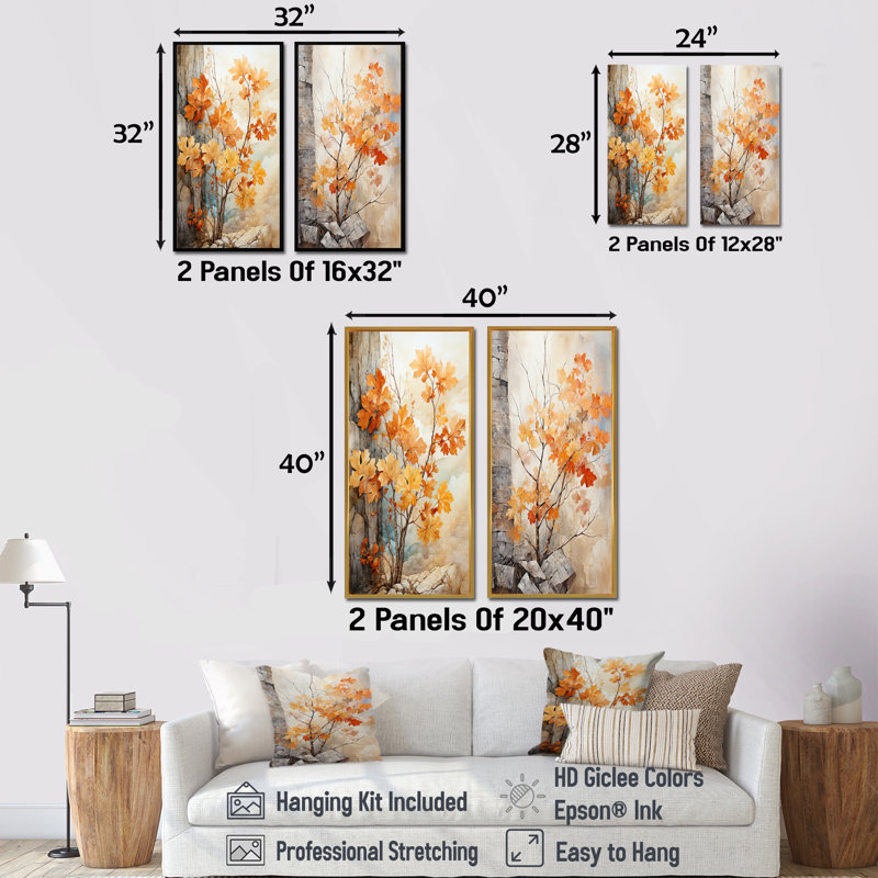 Abstract Foliage Peach Maple Tree - Tree Maple Canvas Prints Set Of 2, 28" H x 25" W, Wrapped Canvas
