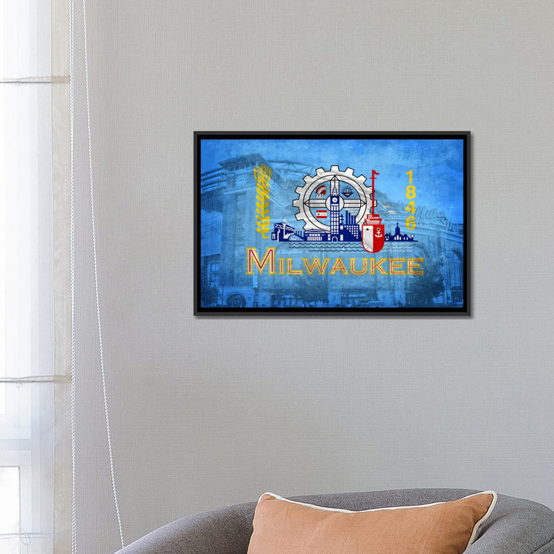 «Milwaukee Flag» par Miller Park, impression sur toile, H 18 po x l 26 po x P 1,5 po, Toile avec cadre flottant noir