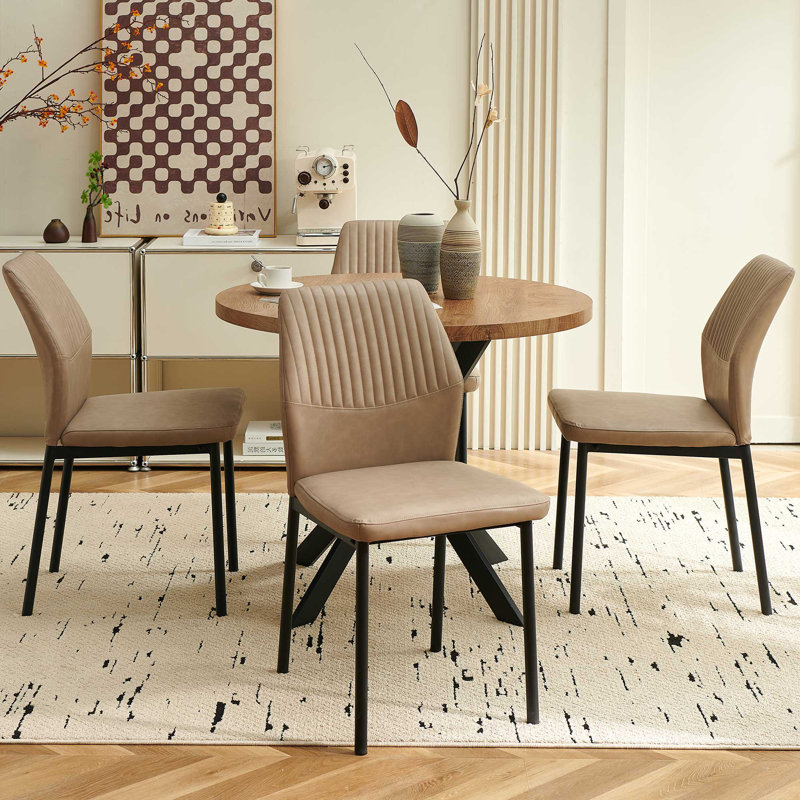 5-Piece Round Dining Table Set, 37 Inch Kitchen Table And 4 PU Leather Chairs, Beige