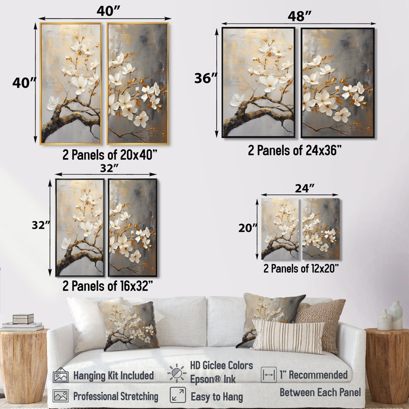 Arbre floral doré et gris sérénité - grand oiseau, art mural, 20" H x 24" W, Wrapped Canvas, Does Not Apply