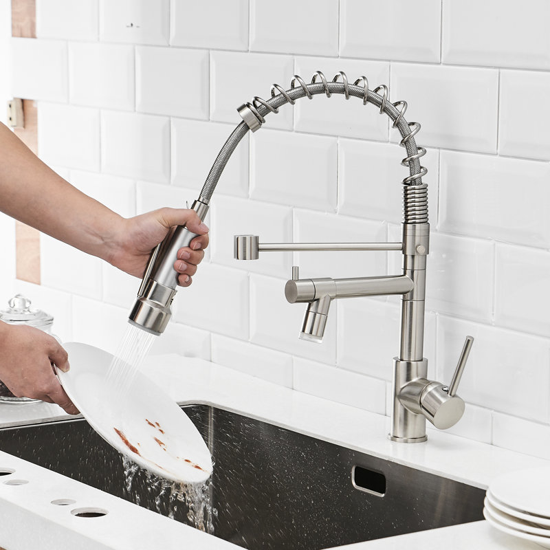 Stylish Brushed Nickel Led Pull Down Kitchen Faucet, Single Handle, 360 Degree Rotatable Spout, Dual Spray Faucet With Pull-Down , Nickel, Swivel, Dual