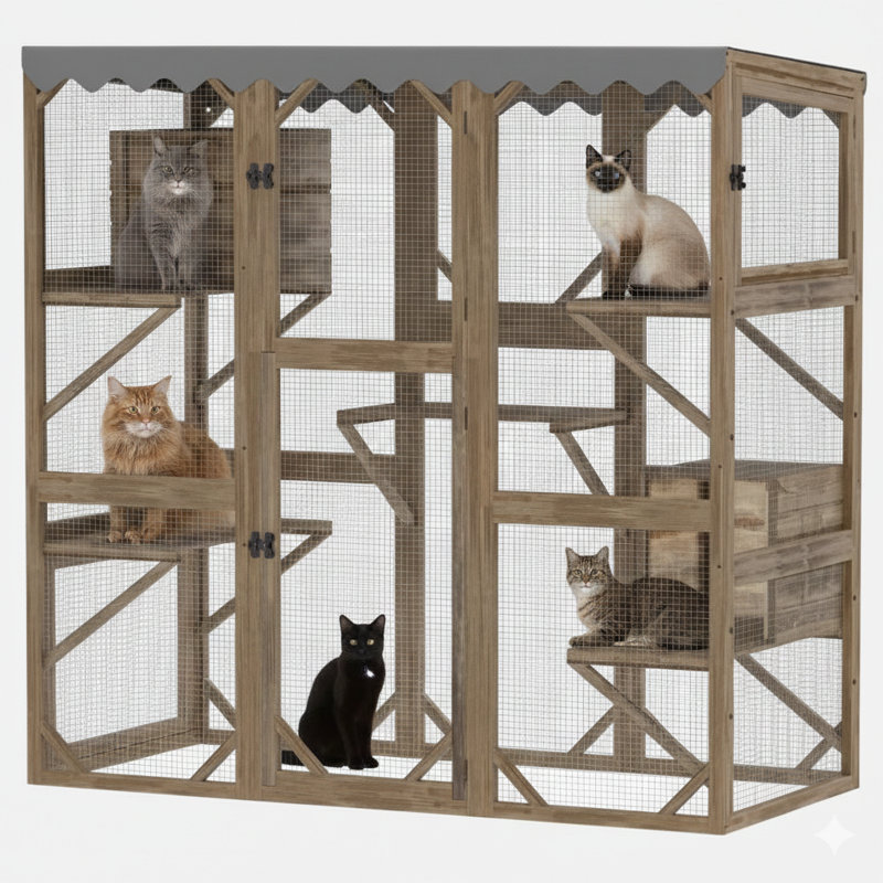 Solution de confinement extérieur pour les félins, avec plusieurs niveaux élevés.