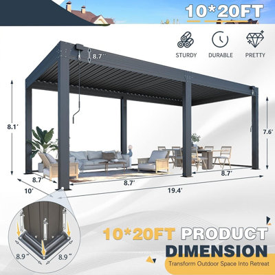 20 x 12 Ft Louvered Pergola with Pull-Down Screens, Aluminum Outdoor Gazebo with Adjustable Waterproof Roof for Patio, Deck & Hot Tub, Dark Gray 