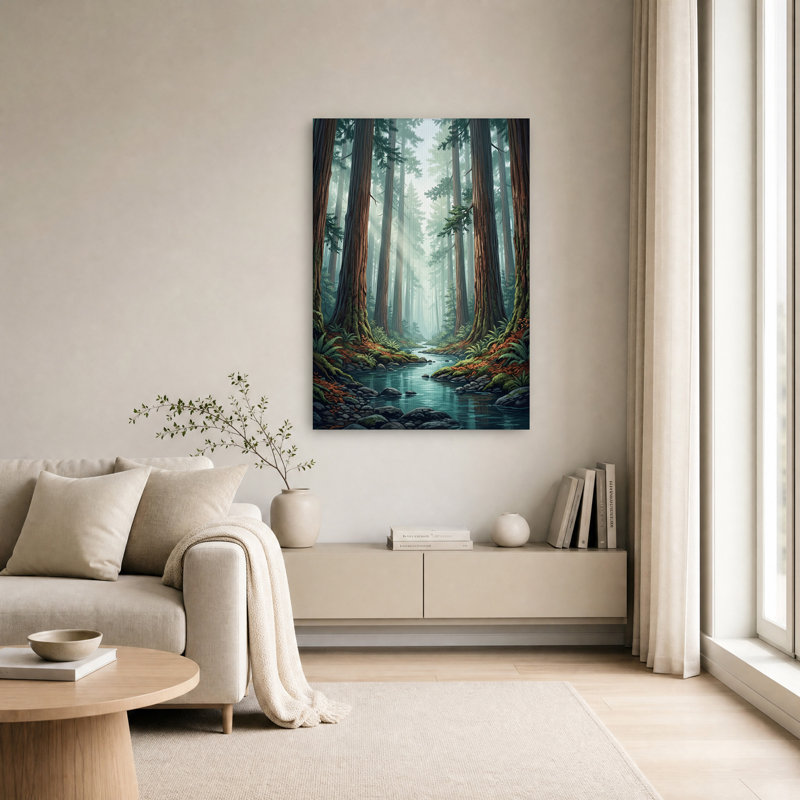 Art mural sur toile, "Misty Forest Stream" avec fougères ensoleillées, H 18 po x l 12 po
