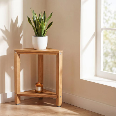 Teak Corner Shower Stool 15in, Wood Shower Bench Seat with Storage Shelf, Waterproof Shower Foot Stool for Shaving Legs, Ideal for Inside Shower or Bathroom