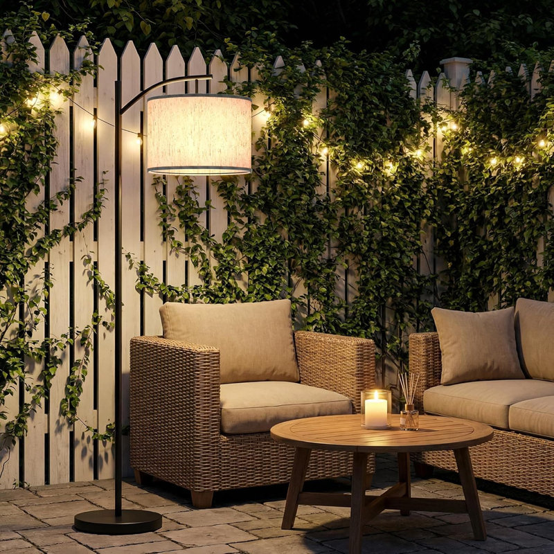 Solar Outdoor Floor Lamp, 61.4 Inch Waterproof Arc Standing Light With Heavy Metal Base, Modern Exterior Tall Light With Shade And Vintage Edison Bulb For Patio, Deck, Porch, Garden, Balcony Decor