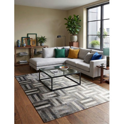 Tapis Abani Rugs Hide HID350A Gris Ivoire à rayures patchwork tissées en vannerie Soriano