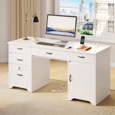 59"Computer Desk Black/White with Embeded Power Strip,Lockable Office Desk with Ample Storage