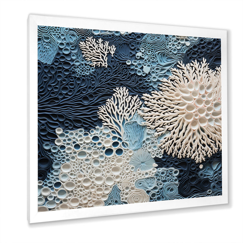 Under Water Blue And White Corals Collage - Coastal Wall Art, Picture Framed, 16" H x 16" W, White