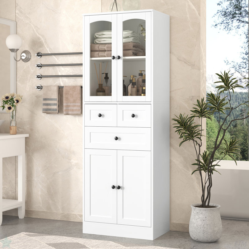 Armoire de rangement haute pour salle de bain, armoire avec quatre portes et tiroirs, tablette réglable, panneau de fibres à densité moyenne