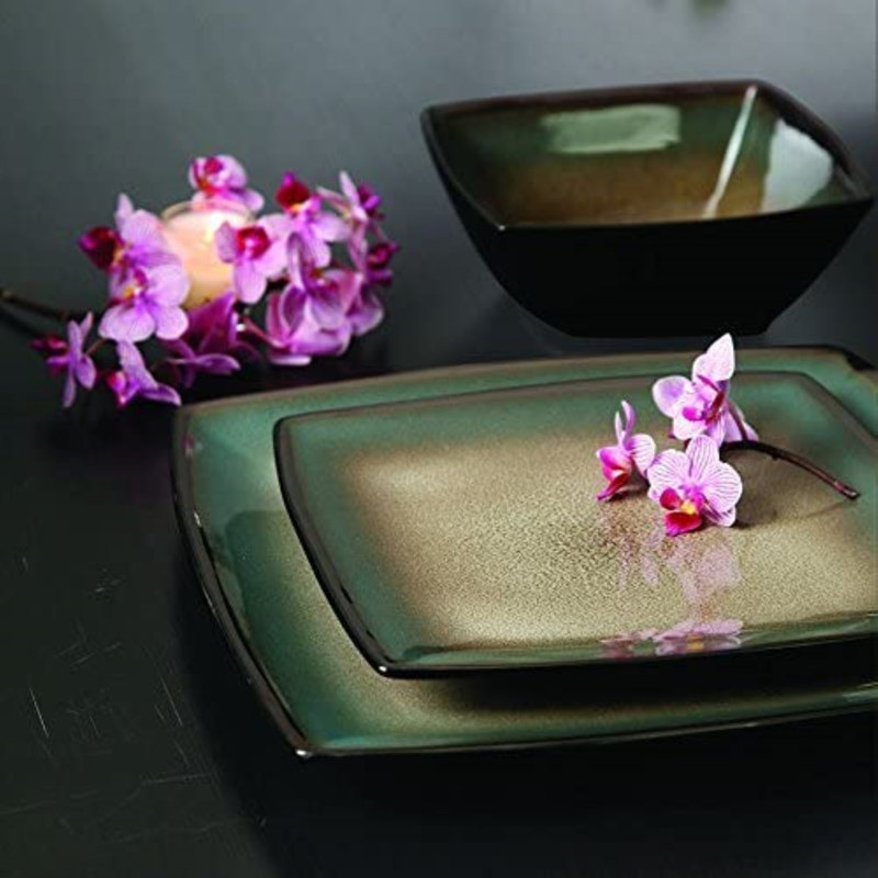 Tequesta Taupe and Teal 16-Piece Square Ceramic Dinnerware Set