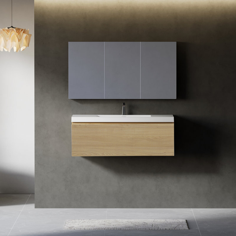 Meuble-lavabo flottant avec lavabo, Chêne naturel, 42", Blanc