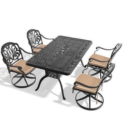 Ensemble de salle à manger d'extérieur en fonte d'aluminium 5 - 4 chaises pivotantes et table rectangulaire, structure noire, techniques de sculpture fine, résistance aux hautes températures, assise confortable, capacité de siège de 350 lb, 160 lb