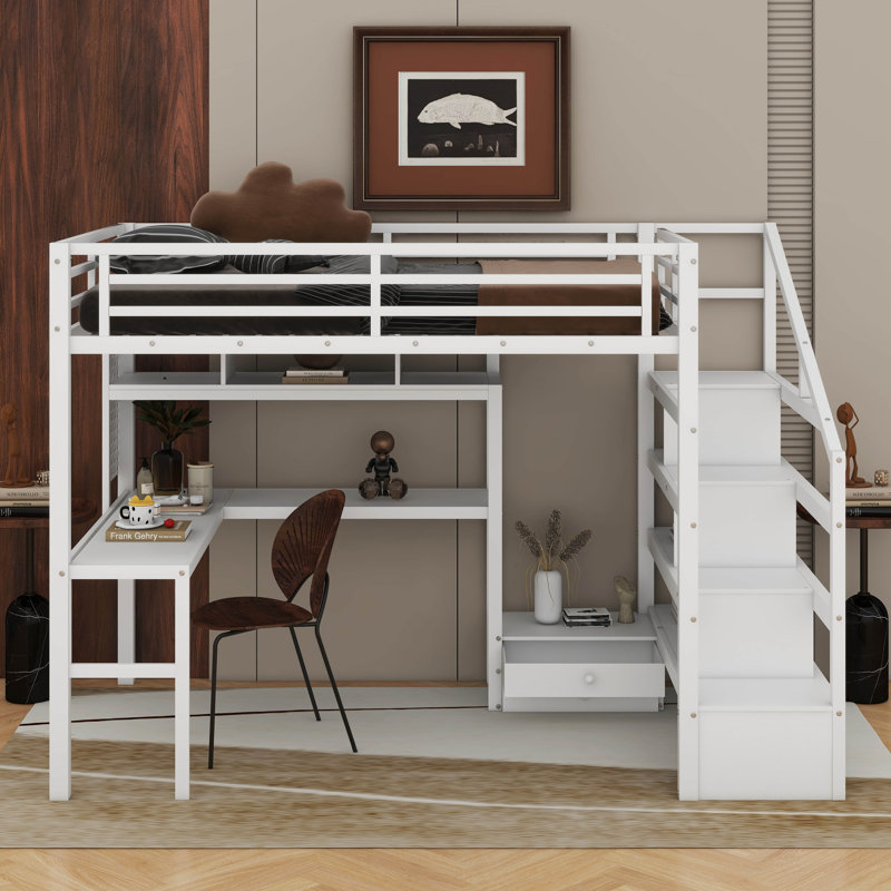Lit mezzanine double avec lumière DEL et station de charge, lit mezzanine en métal avec bureau et escalier, lit mezzanine avec garde-robe