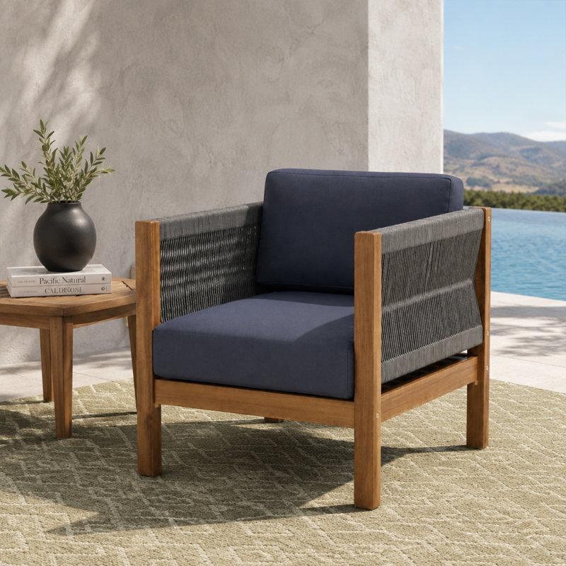  Fauteuil club d'extérieur moderne en bois d'acacia et en rotin avec coussins résistants à l'eau