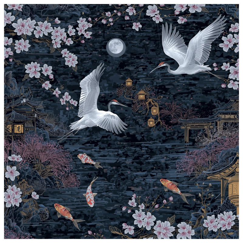 Édredon Cranes Cherry Blossoms Moon, Twin Extra Long