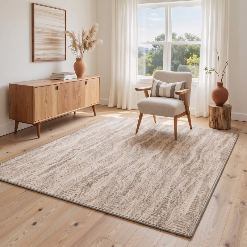 Tapis beige / gris rayé lavable à la machine avec envers antidérapant, Rectangle 6 pi x 9 pi