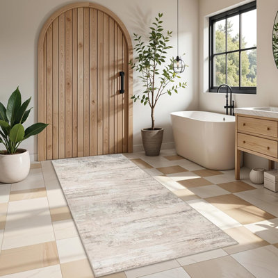 Washable Kitchen Rug: Easy-Clean Entryway Hallway Carpets Non Slip Non-Curl Edge Rugs for Laundry Bathroom Indoor Modern Abstract Home Decor Floor Mat for High Traffic Area Beige