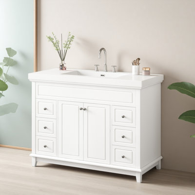 46" Bathroom Vanity without Sink, Cabinet Only, Soft-Close 6 Drawers & Double Doors with 2-Tier Shelves, Solid Pine Legs