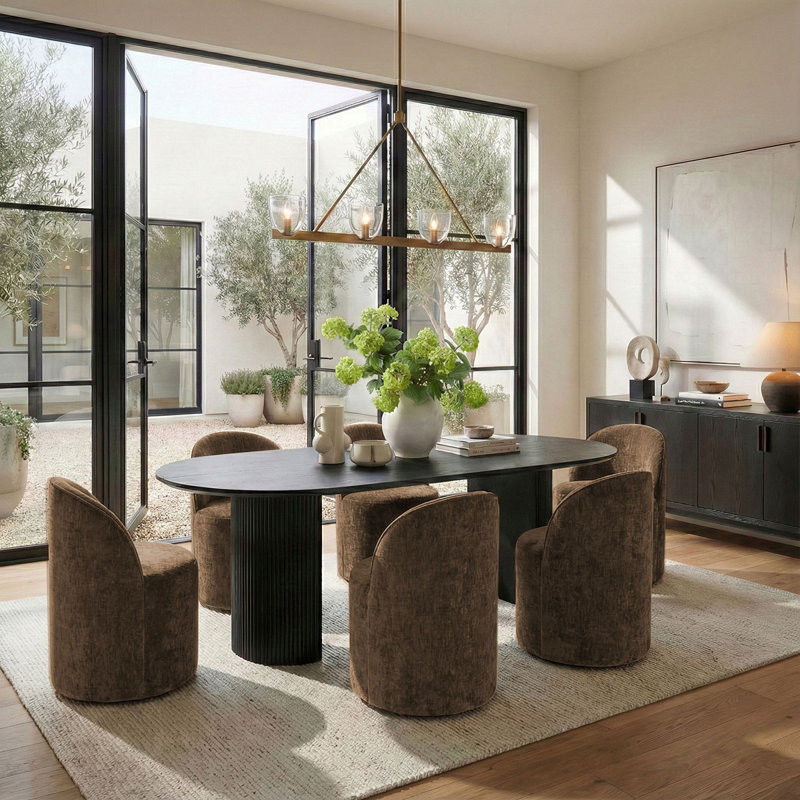  Ensemble de table de salle à manger pour 6 personnes avec table ovale et 6 chaises rembourrées, Noir, Brun