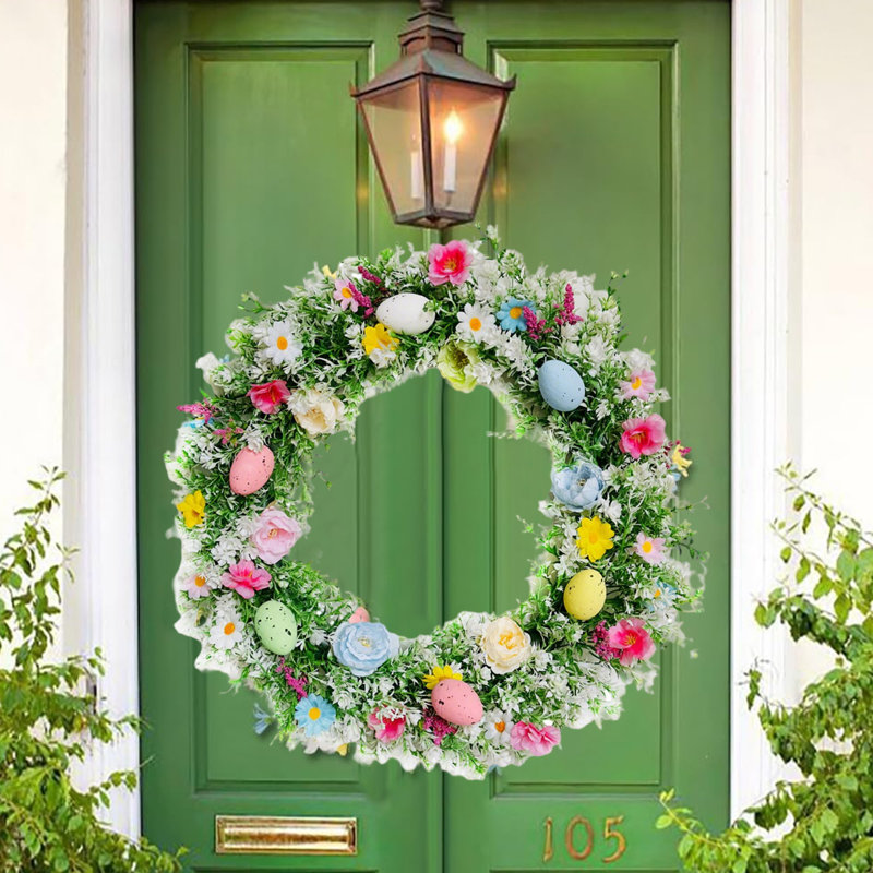 Couronne de Pâques de 18 pouces avec fleurs artificielles printanières, œufs colorés, feuilles d'eucalyptus lavande pour la porte d'entrée