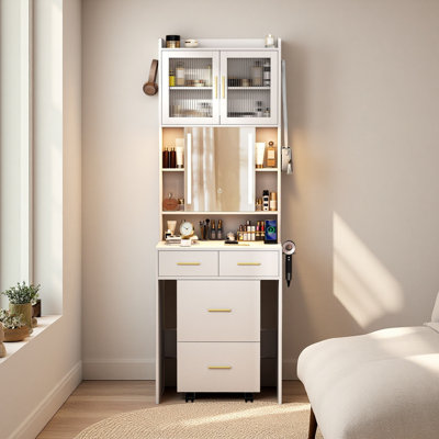 Petit meuble-lavabo avec miroir coulissant et lumières DEL, table de maquillage avec station de charge et tablettes de rangement pour les petits espaces, ensemble de meuble-lavabo de coin compact avec tabouret de rangement caché pour la chambre à coucher