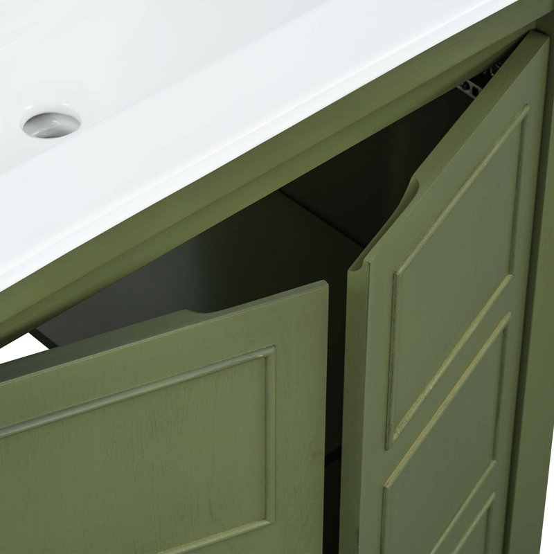 Meuble-lavabo de ferme de 30 po avec lavabo en céramique, porte à fermeture en douceur, tablette réglable, armoire de rangement olive, structure en bois moderne, conception spacieuse et surface facile à nettoyer