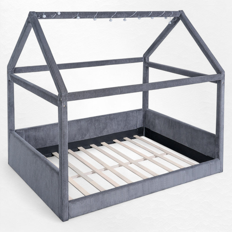 Full Size Upholstered House Platform Bed With LED Light, Gray