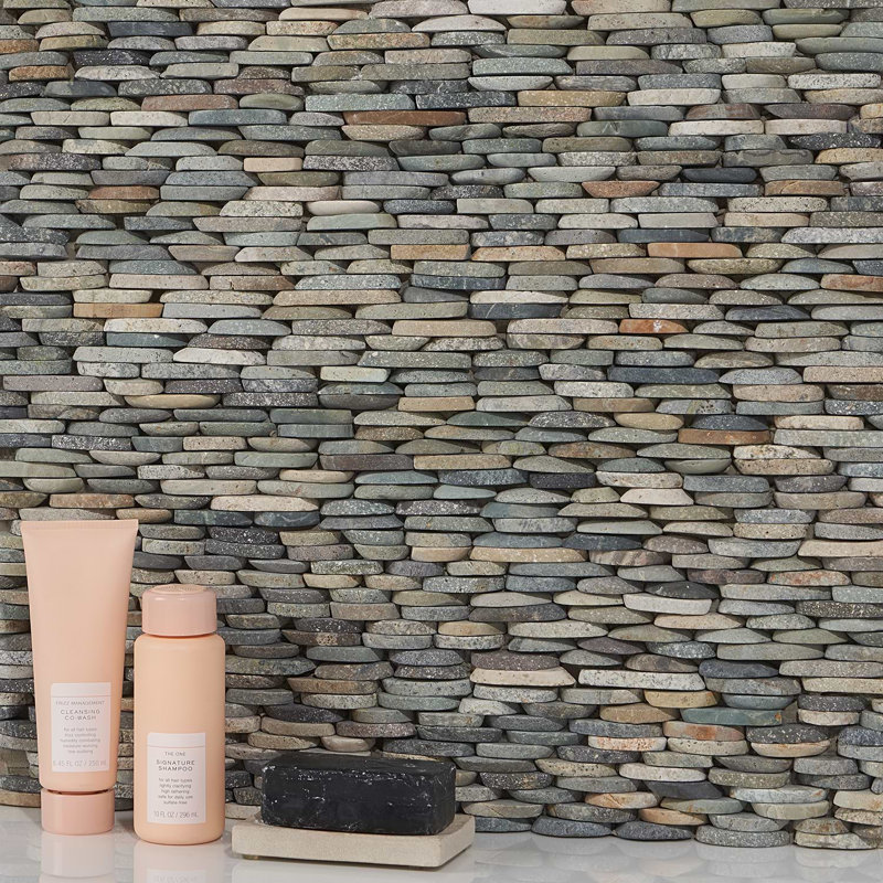 Nature Stacked Pram Gray Pebble Mosaic Tile, Sumatra Blend Multicolor