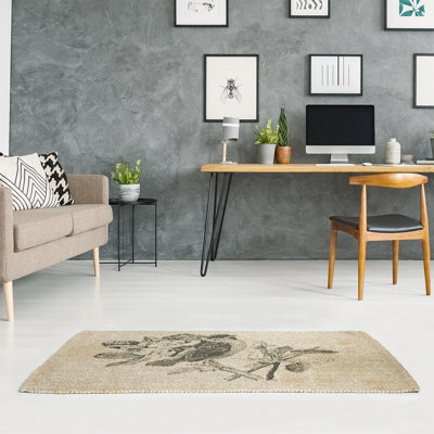 Tapis beige en chenille de oiseau rétro