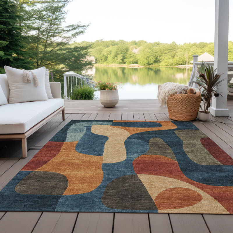 Machine Washable Indoor/Outdoor Xhevrie Navy Rug, Rectangle 5' x 7'6"