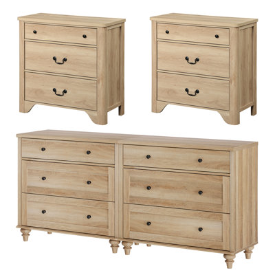 Ensemble de chambre à coucher 4 pièces - Comprend un ensemble de 2 commodes avec pieds en bois massif pour la chambre à coucher, ensemble de 2 tables de chevet avec 3 tiroirs, chêne