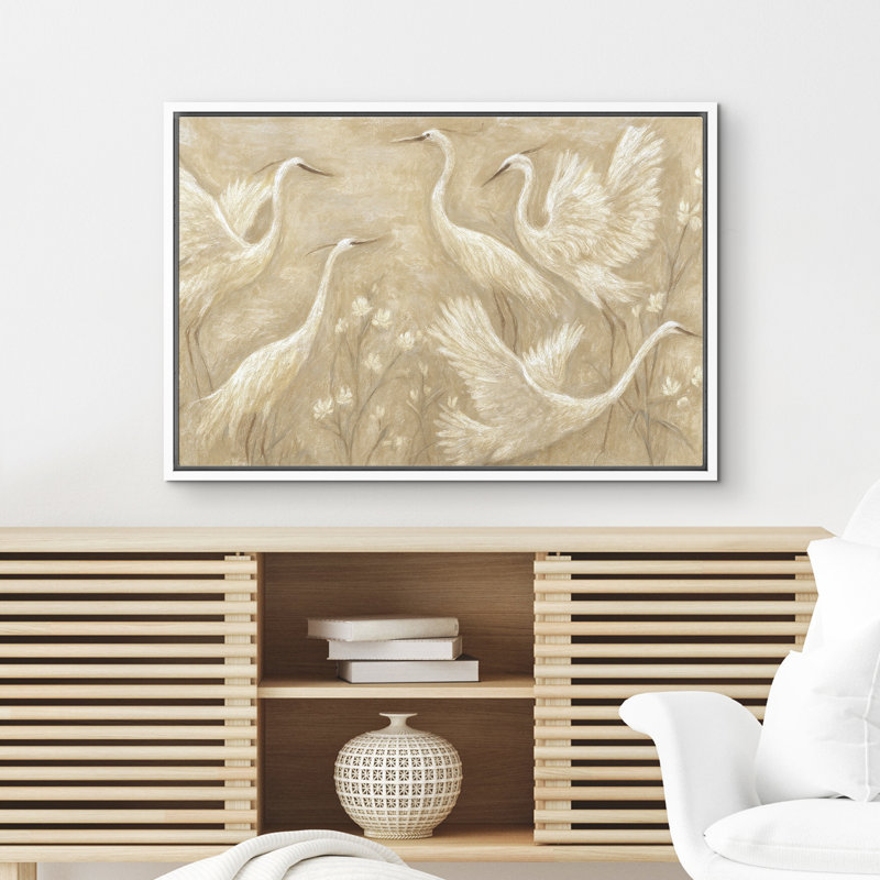 «White Cranes in Graceful Motion Neutral Botanical Scene», reproduction d'art sur toile encadrée dans la chambre principale