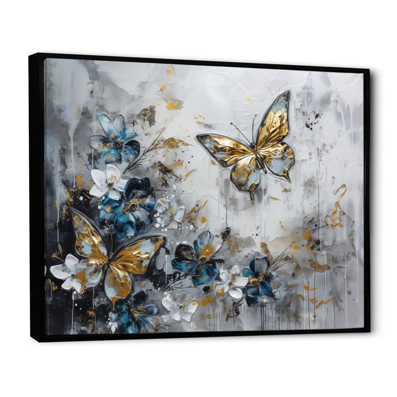«Ryuko Golden Blue Butterfly Wings And Flowers III», art mural floral, H 16 po x l 32 po x P 1 po, Cadre flottant noir