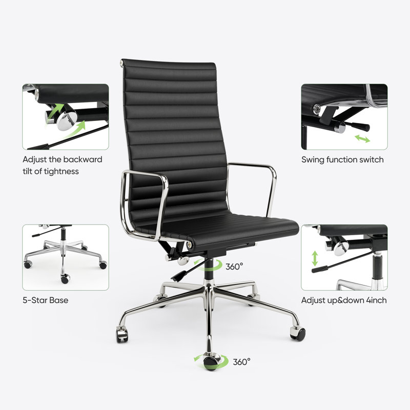 Genuine Leather Conference Chair with Lumbar Support & Adjustable Height, 360° Swivel Executive Office Chair with Aluminium Base