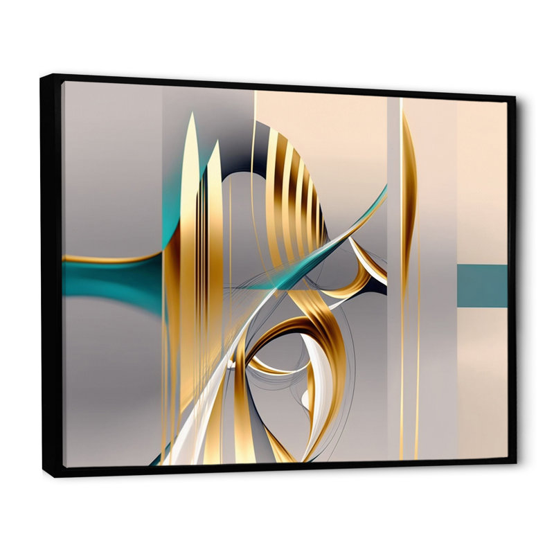 «Minimal Gold Abstraction On Turquoise Horizon I», art mural fractales, H 16 po x l 32 po x P 1 po, Cadre flottant noir